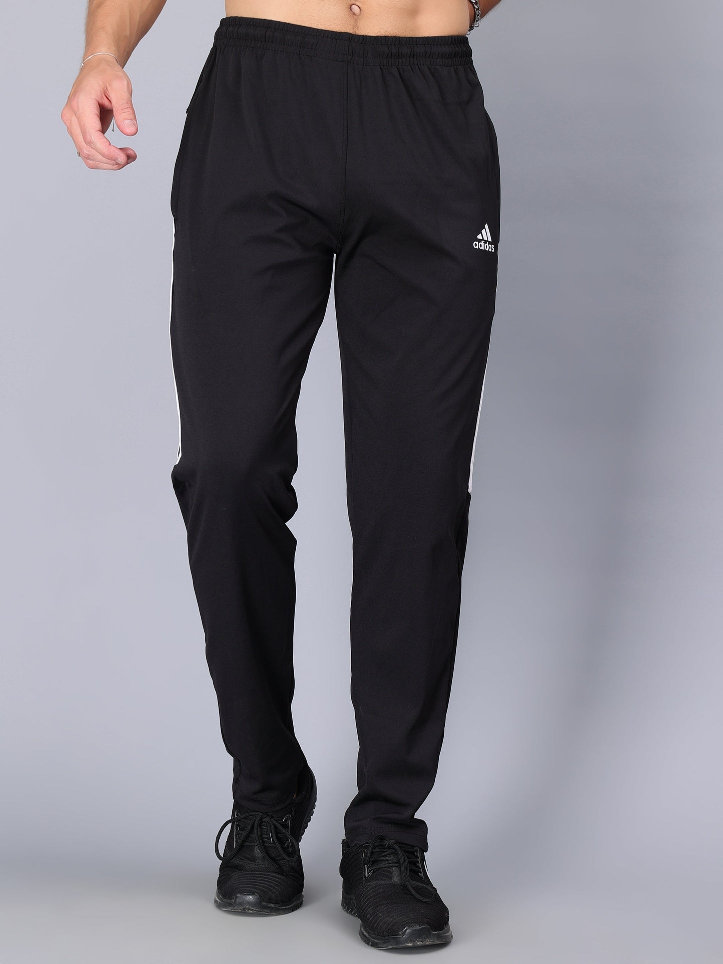 Adidas Solid Casual Men Black half three white stripes Track Pants