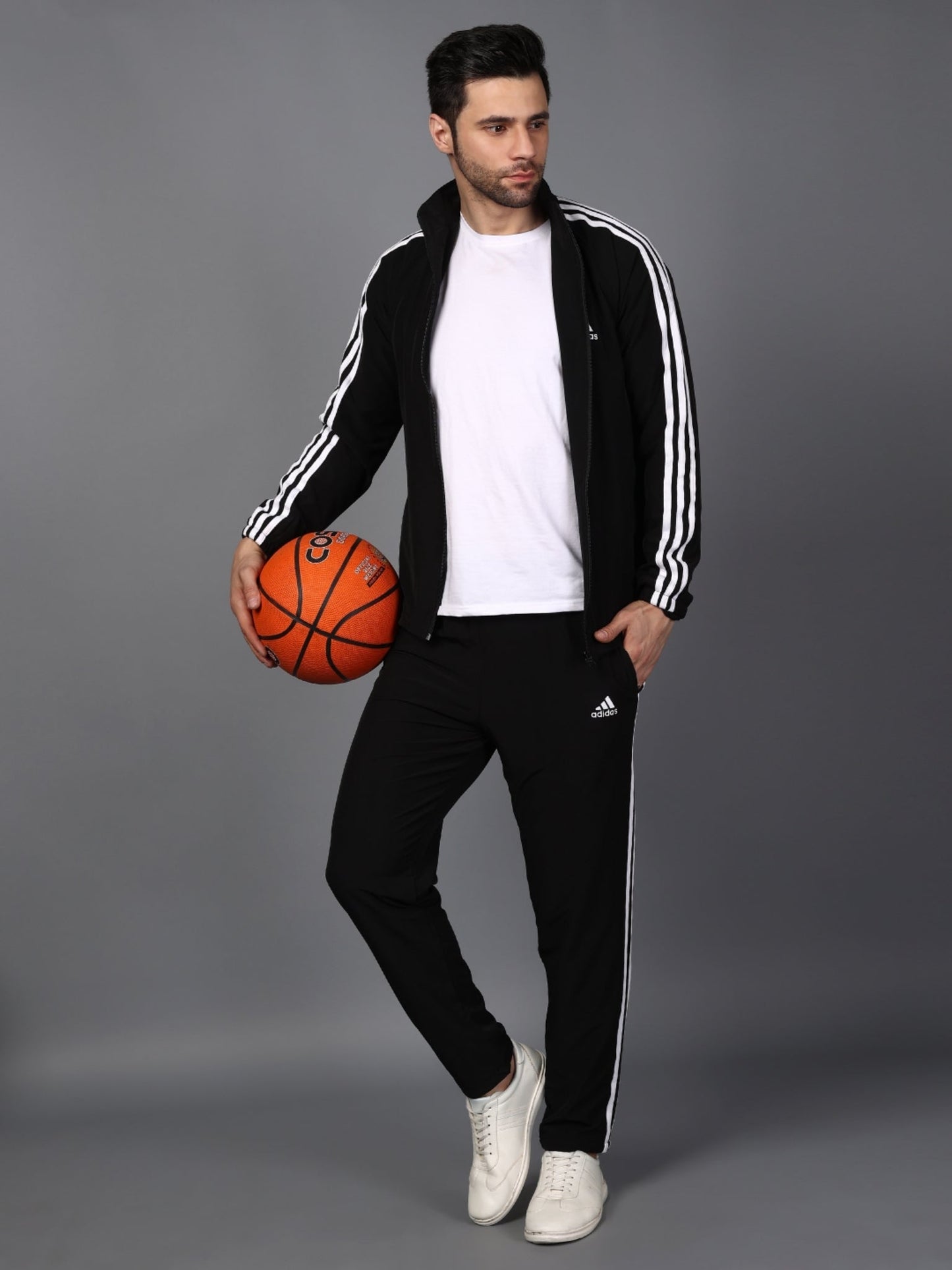 Adidas Full Striped Men Black Tracksuit
